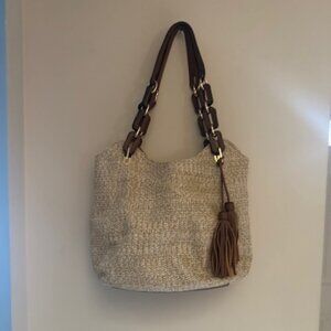 Tan Neutral Straw Handbag with Brown Faux Leather Chain Links and Tassels